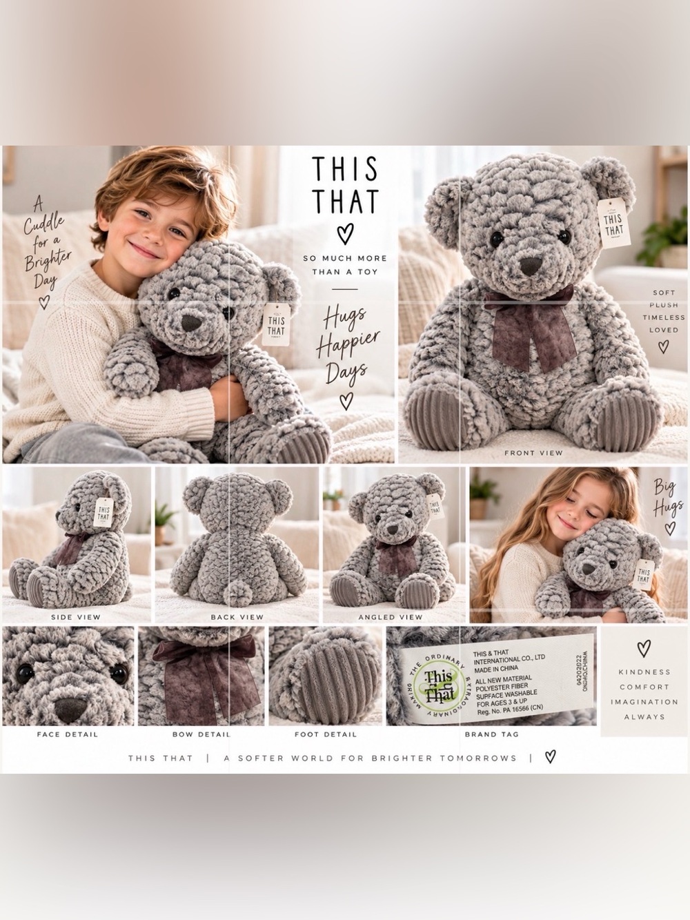 TEDDY BEAR {grey plush} w/Brown Bow 🎀
New w/Tags